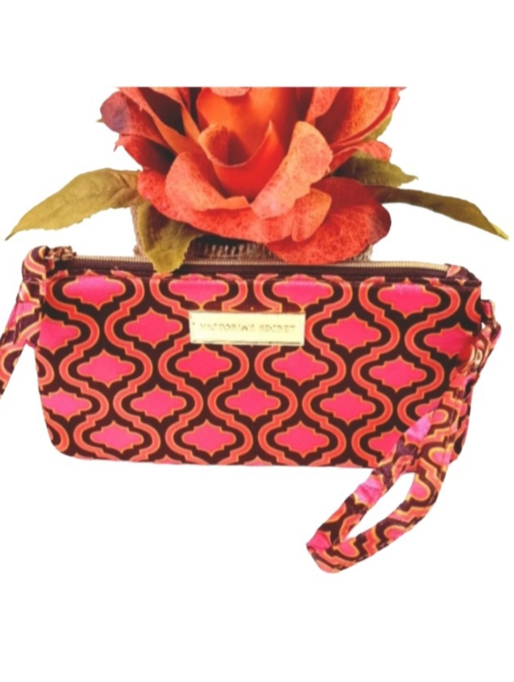 Victoria's Secret Wristlet | EUC | Pink, Brown & Yellow | Goldtone Hardward
